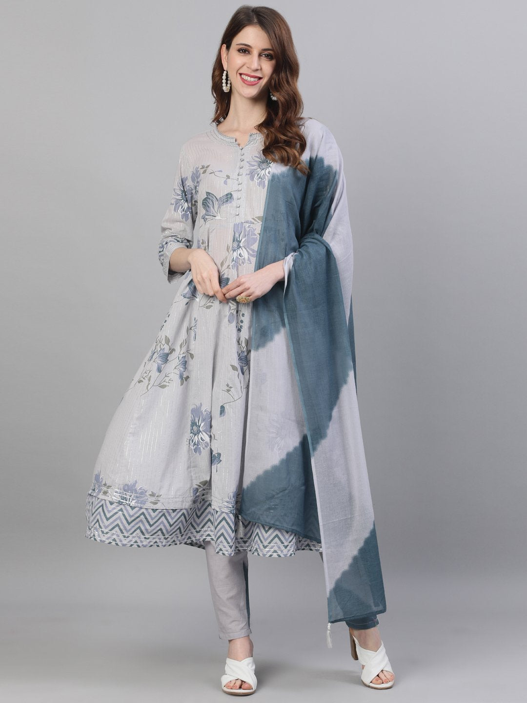 Ishin Women's Cotton Grey Lurex Embroidered Anarkali Kurta Trouser Dupatta Set