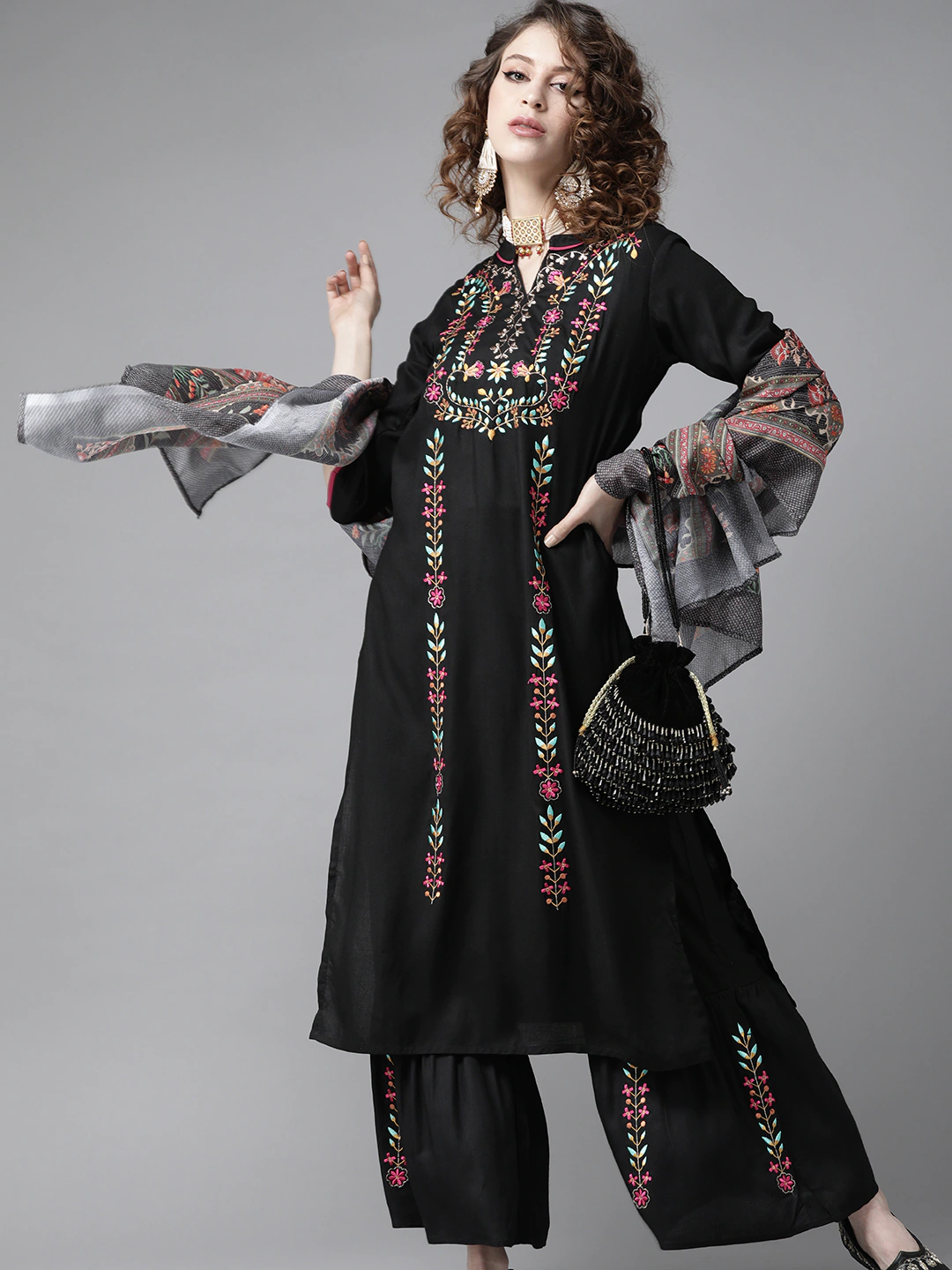 Ishin Women's Black Embroidered A-Line Kurta Sharara Dupatta Set