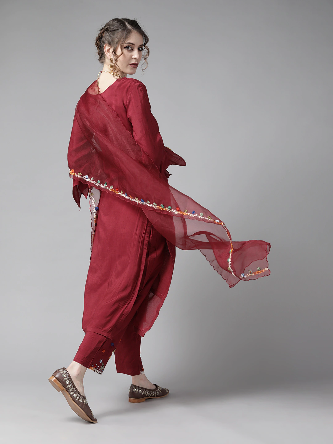 Ishin Women's Maroon Embroidered A-Line Kurta Trouser Dupatta Set