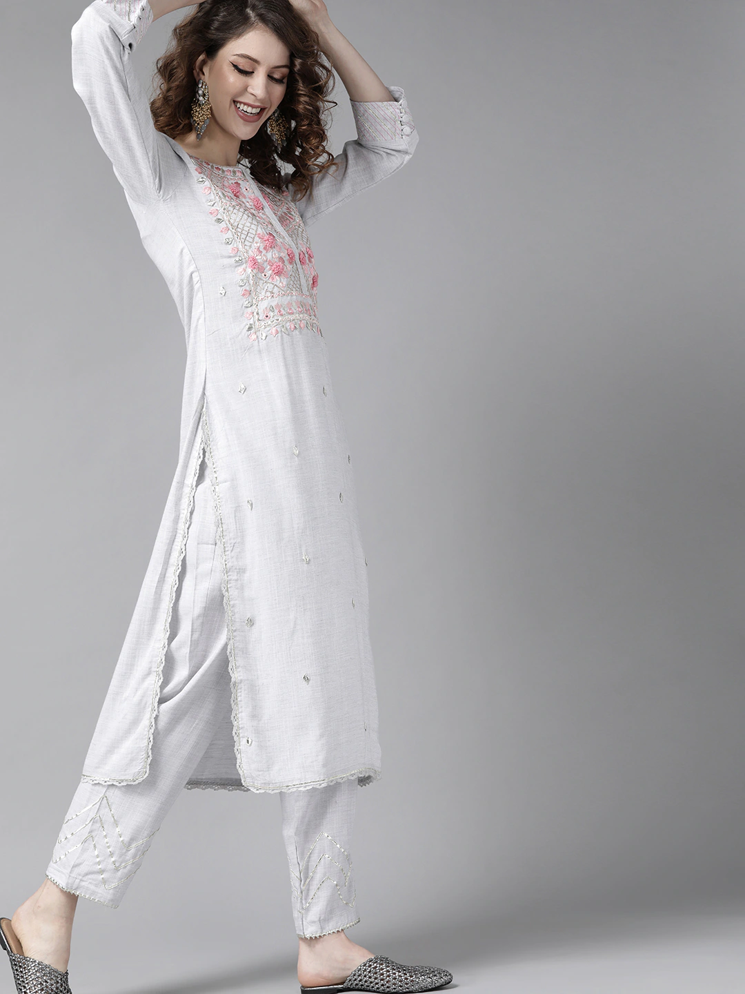 Ishin Women's Grey Embroidered A-Line Kurta Trouser Dupatta Set