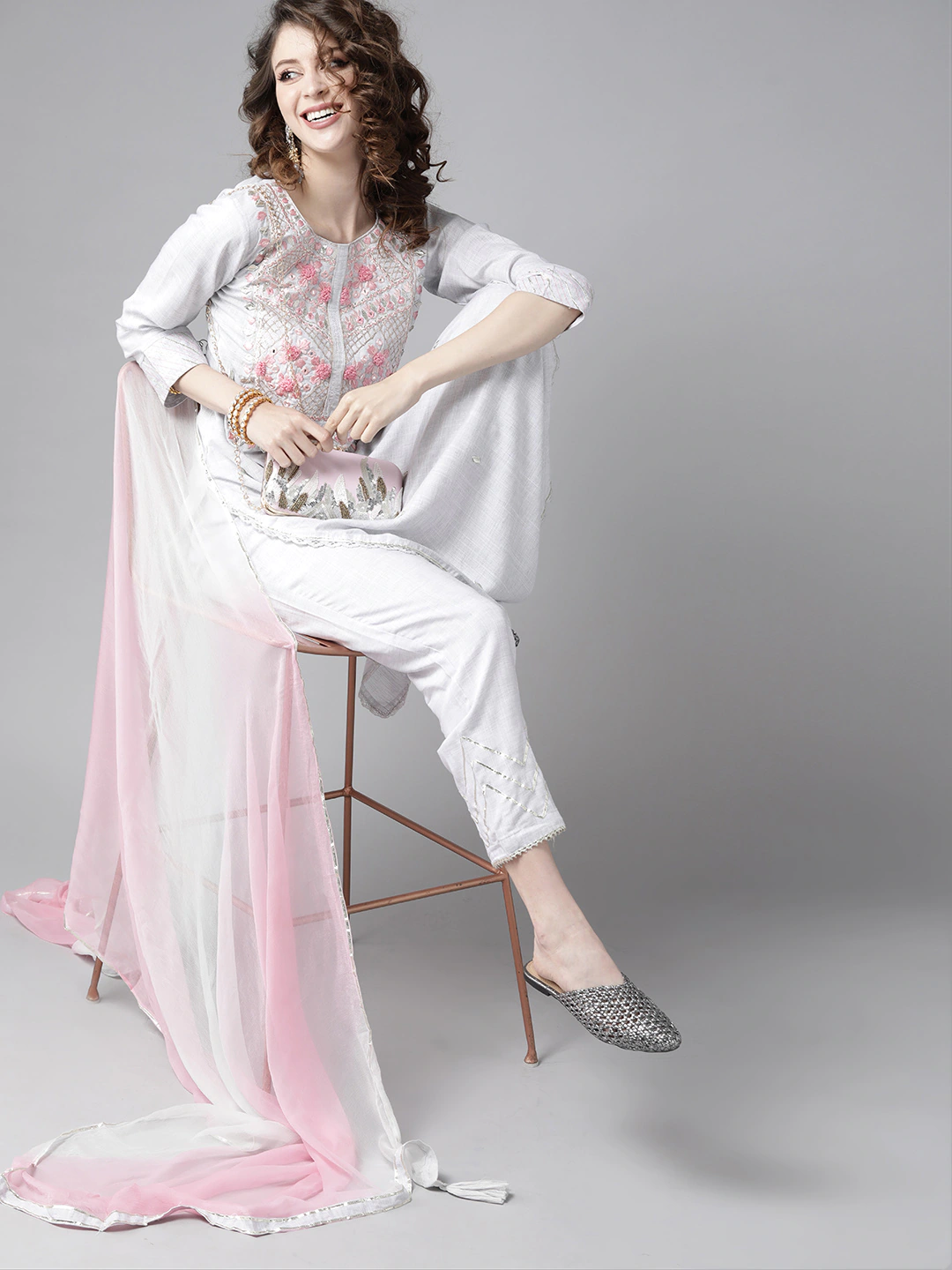 Ishin Women's Grey Embroidered A-Line Kurta Trouser Dupatta Set