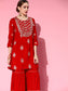 Ishin Women's Silk Blend Red Zari Embroidered A-Line Kurta Sharara Dupatta Set 