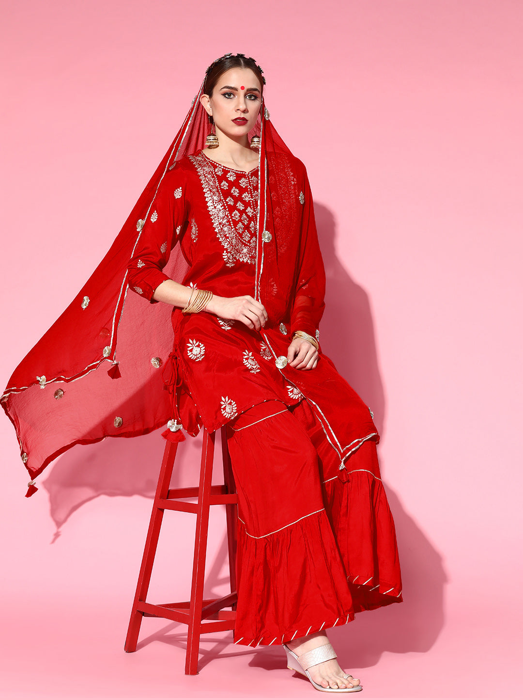Ishin Women's Silk Blend Red Zari Embroidered A-Line Kurta Sharara Dupatta Set