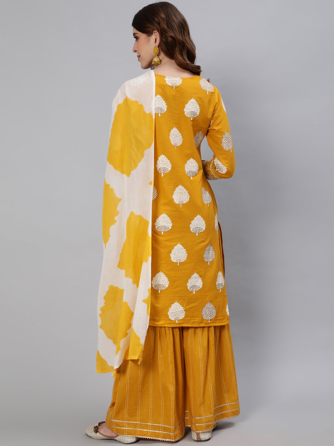 Ishin Women's Cotton Mustard Embroidered A-Line Kurta Sharara Dupatta Set