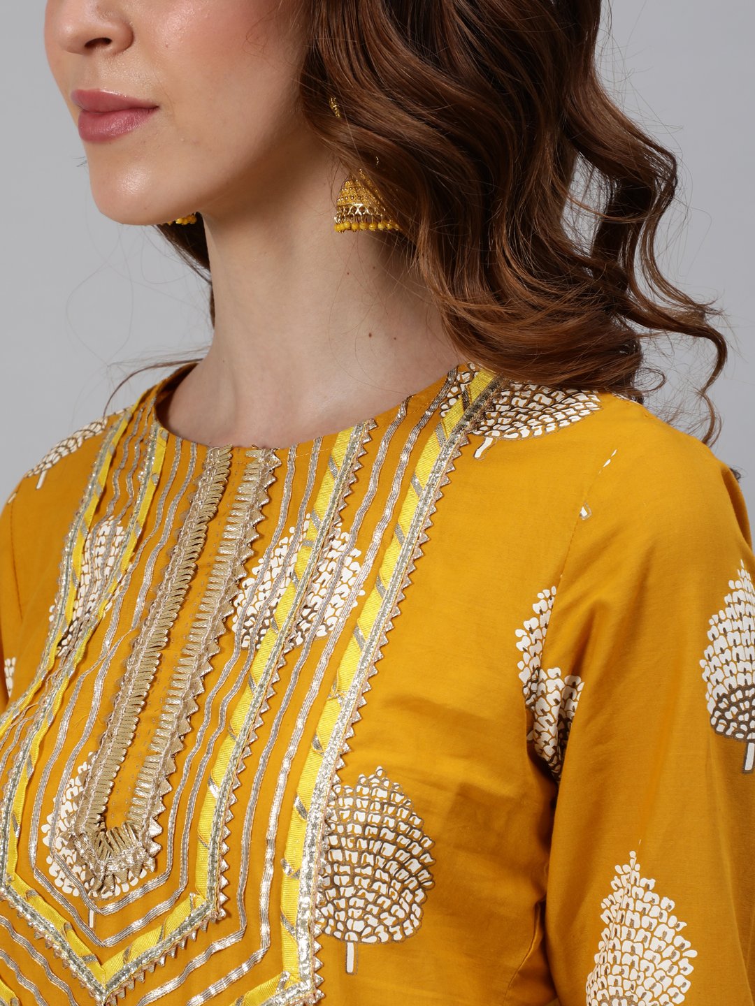 Ishin Women's Cotton Mustard Embroidered A-Line Kurta Sharara Dupatta Set