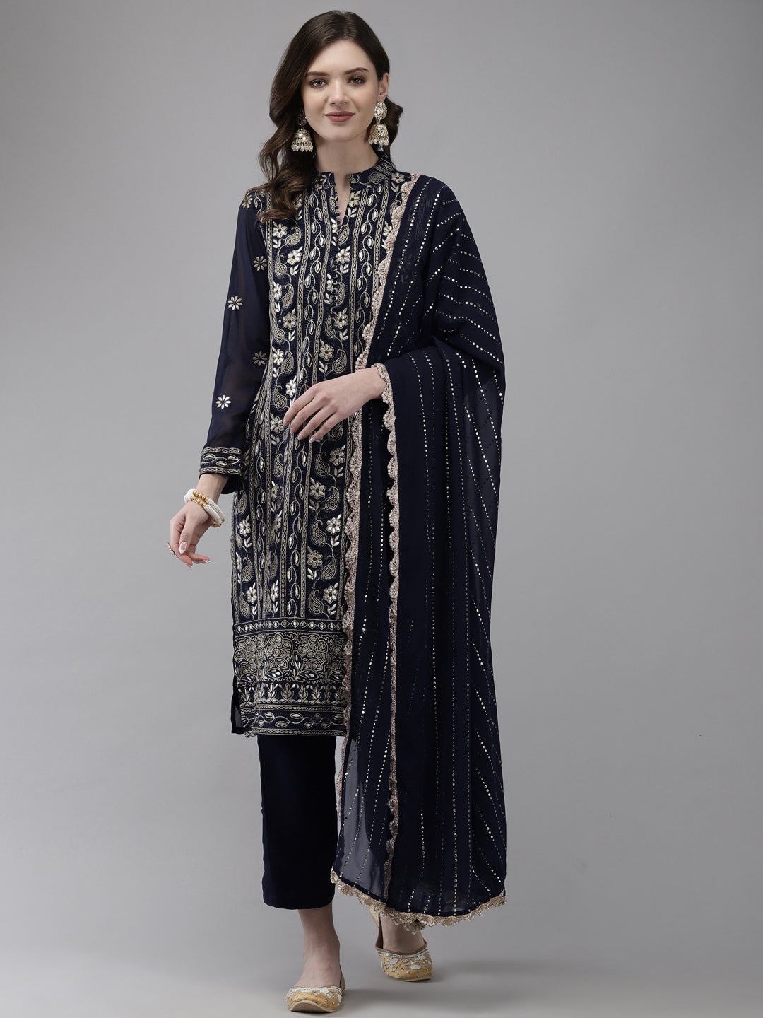 Ishin Women's Georgette Navy Blue Embroidered A-Line Kurta With Trouser & Dupatta