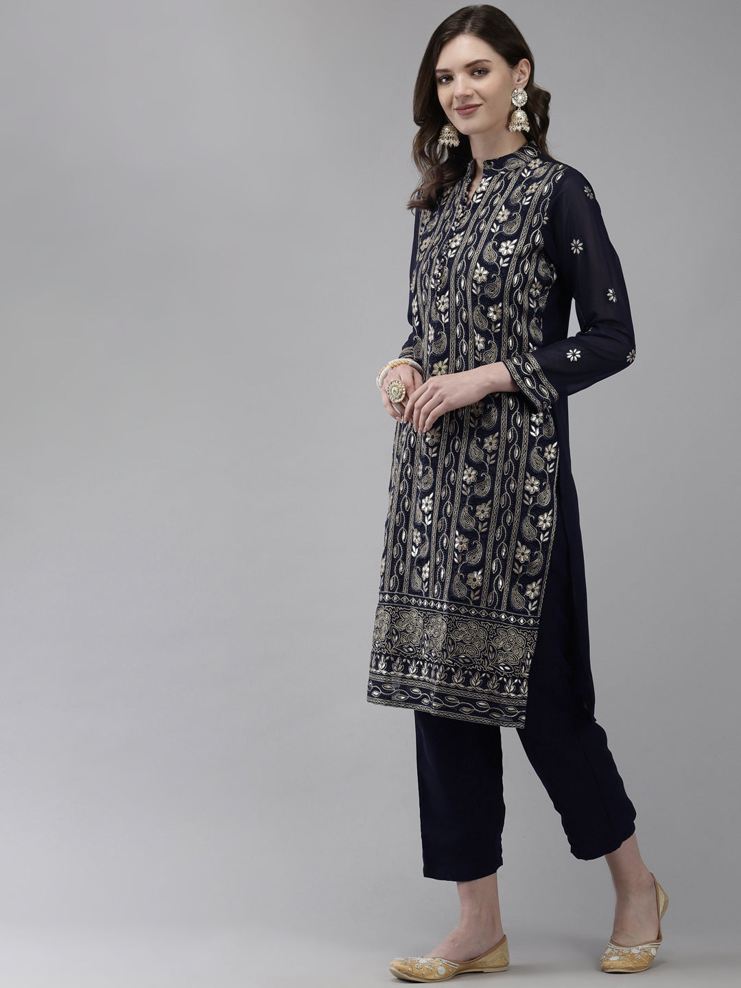 Ishin Women's Georgette Navy Blue Embroidered A-Line Kurta With Trouser & Dupatta