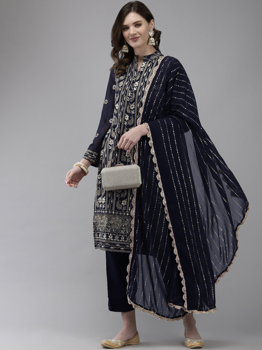 Ishin Women's Georgette Navy Blue Embroidered A-Line Kurta With Trouser & Dupatta