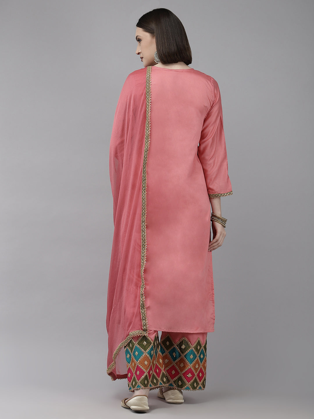 Ishin Women's Pink Embroidered A-line Kurta with Trouser & Dupatta