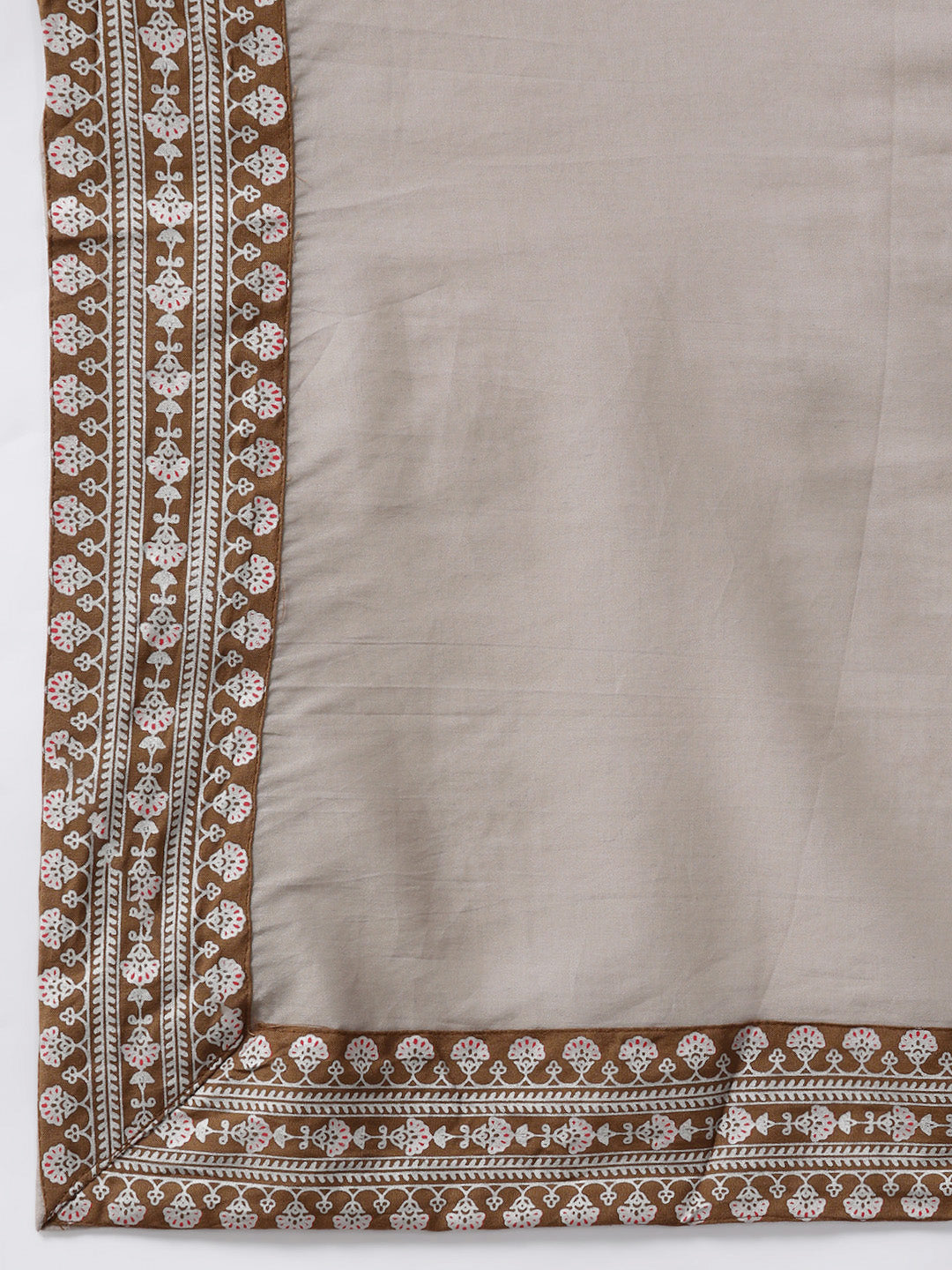 Ishin Women's Cotton Blend Brown Embroidered A-Line Kurta Trouser Dupatta Set