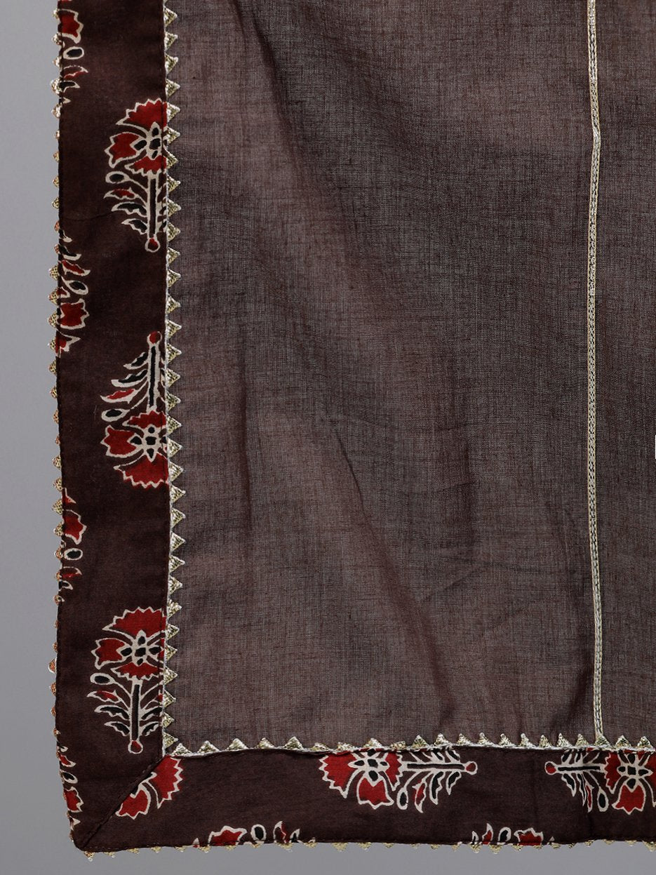 Ishin Women's Cotton Brown Zari Embroidered Peplum Kurta Sharara Dupatta Set