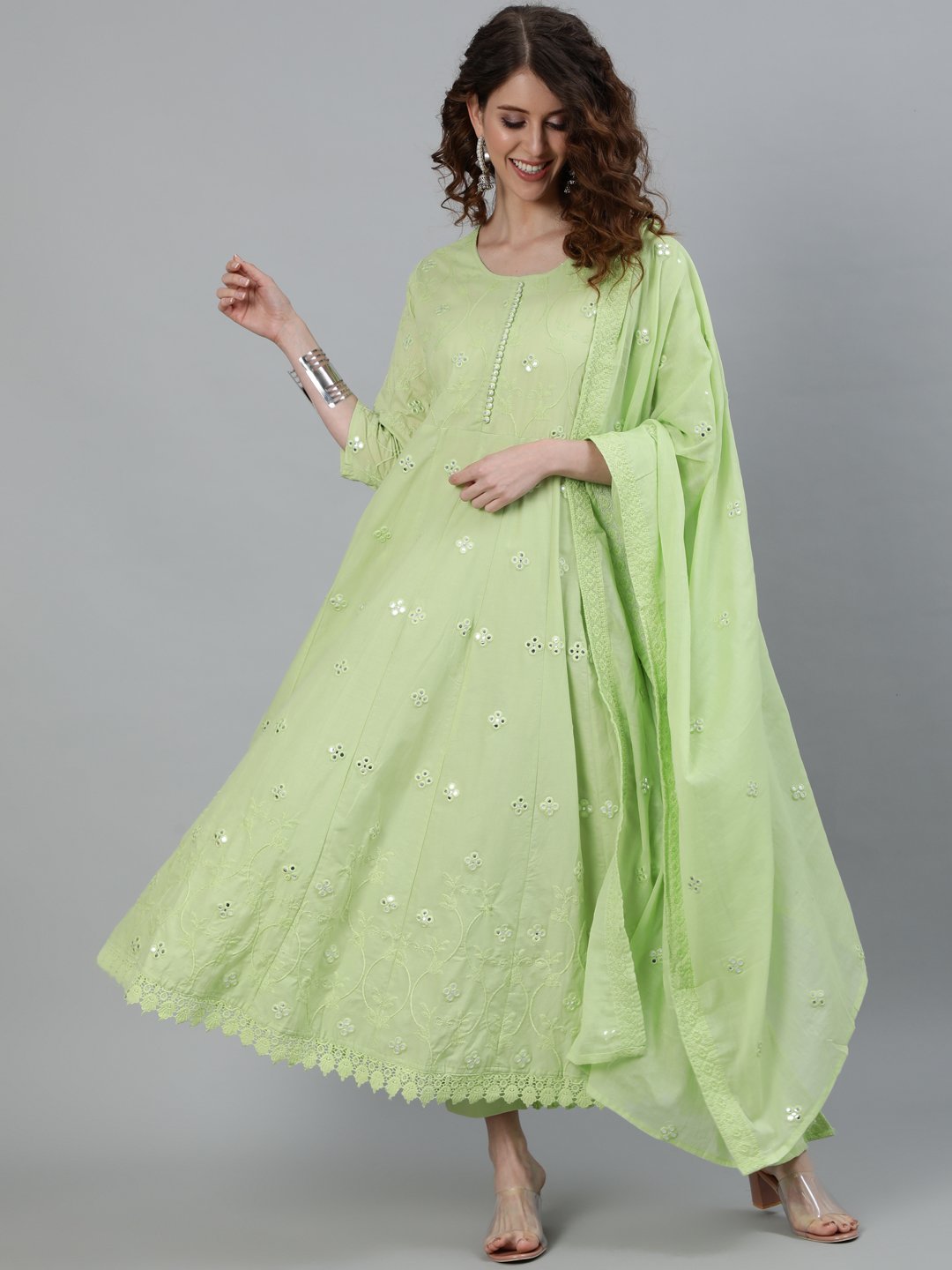 Ishin Women's Green Mirror Embroidered Anarkali Kurta With Trouser & Dupatta