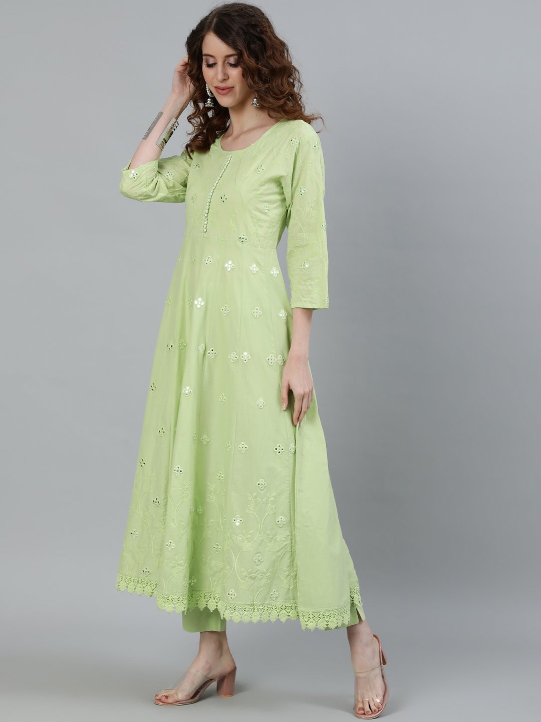 Ishin Women's Green Mirror Embroidered Anarkali Kurta With Trouser & Dupatta