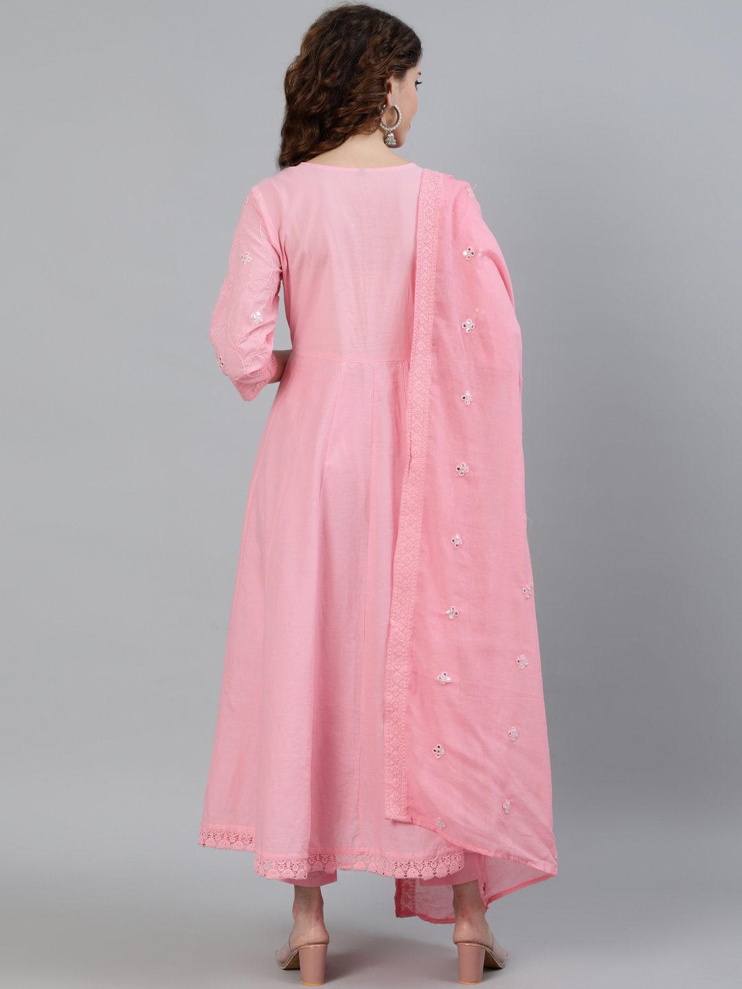 Ishin Women's Pink Mirror Embroidered Anarkali Kurta With Trouser & Dupatta