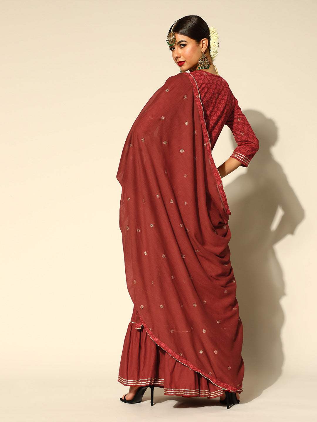 Ishin Women's Cotton Blend Maroon Embroidered A-Line Kurta Sharara Dupatta Set