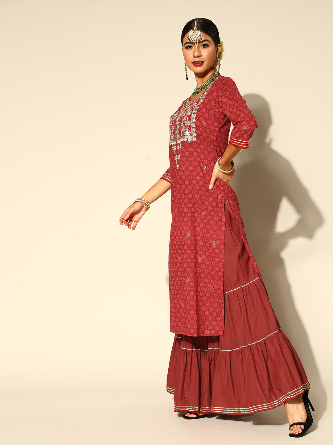 Ishin Women's Cotton Blend Maroon Embroidered A-Line Kurta Sharara Dupatta Set