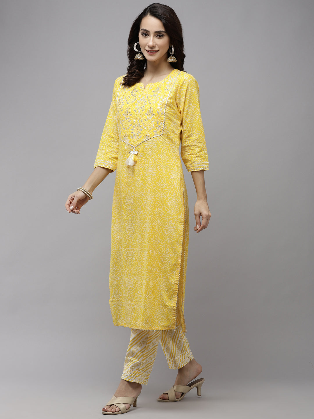 Ishin Women's Cotton Yellow Embroidered A-Line Kurta Trouser Dupatta Set
