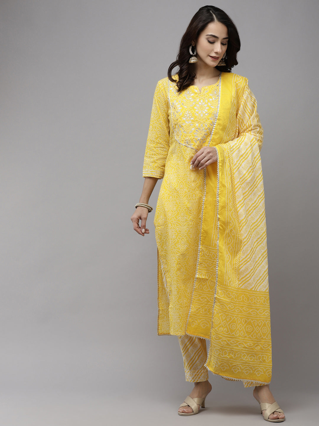 Ishin Women's Cotton Yellow Embroidered A-Line Kurta Trouser Dupatta Set 