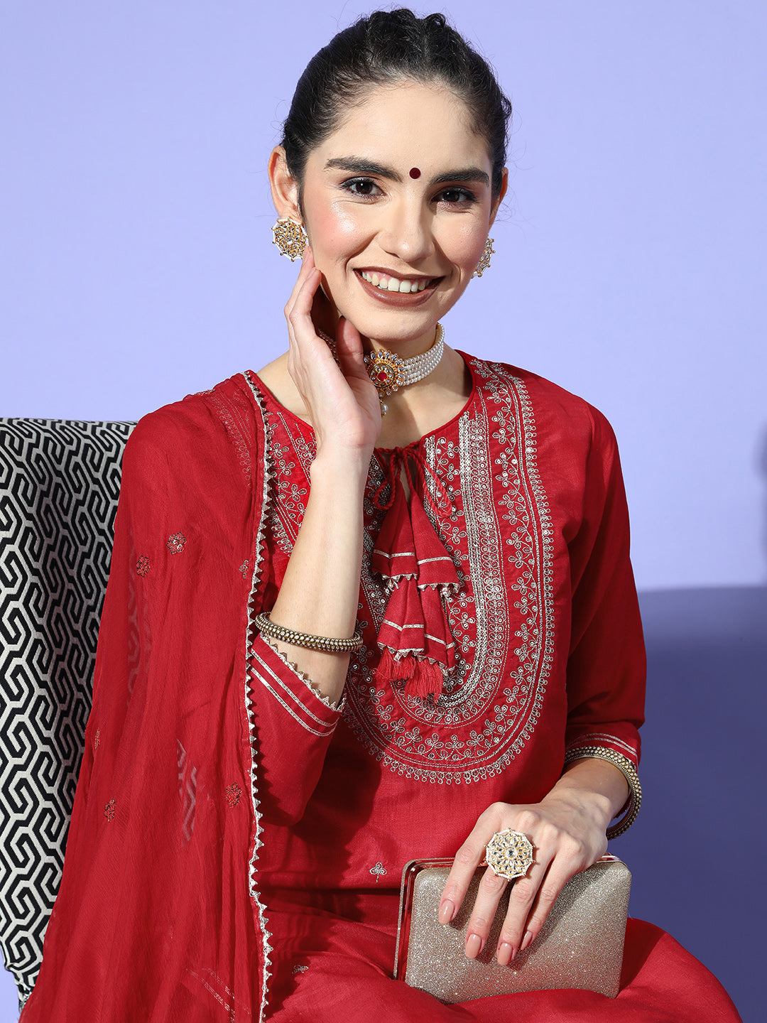 Ishin Women's Silk Blend Red Embroidered A-Line Kurta Sharara Dupatta Set