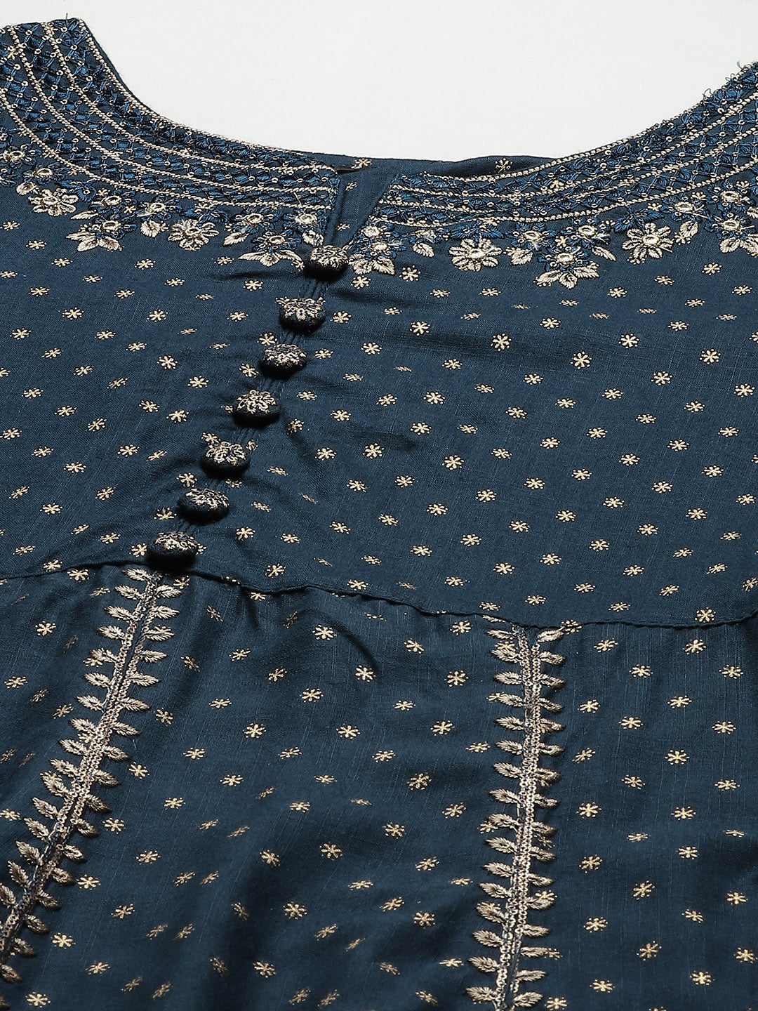 Ishin Women's Cotton Blend Teal Embroidered Anarkali Kurta Trouser Dupatta Set