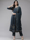 Ishin Women's Cotton Blend Teal Embroidered Anarkali Kurta Trouser Dupatta Set