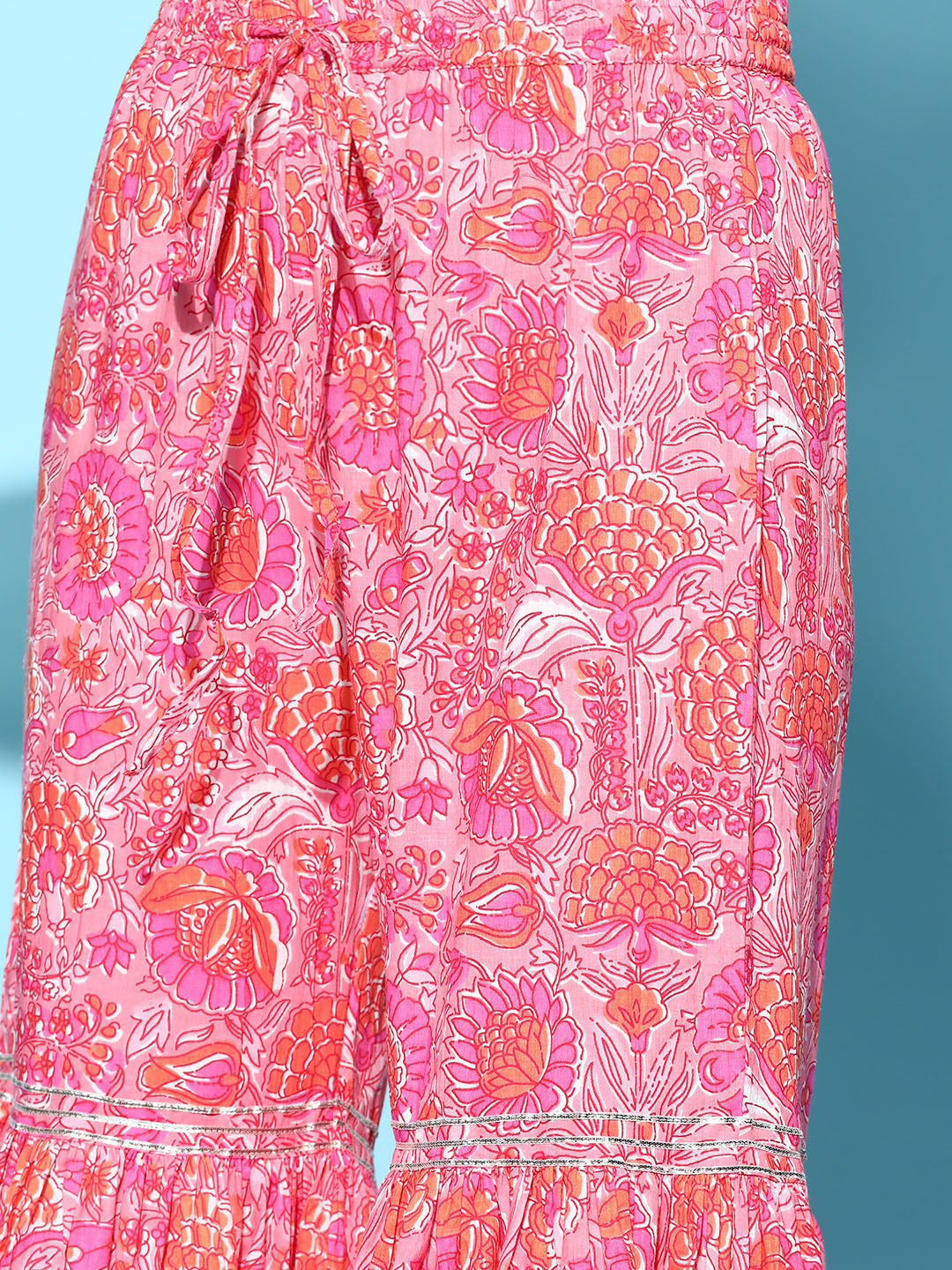 Ishin Women's Cotton Pink Embroidered Anarkali Peplum Kurta Sharara Dupatta Set 
