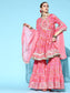 Ishin Women's Cotton Pink Embroidered Anarkali Peplum Kurta Sharara Dupatta Set 
