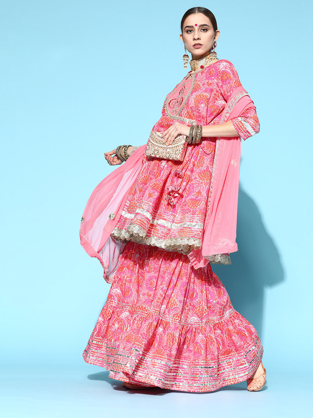 Graceful Pink pure cotton printed with zari embroidery Anarkali kurta set with dupatta