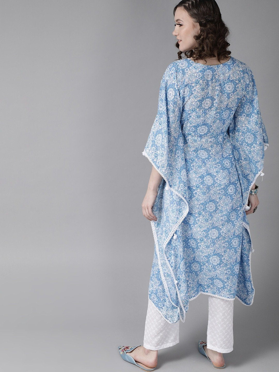 Ishin Women's Cotton Blue & White Embroidered Kaftan Kurta Trouser Set