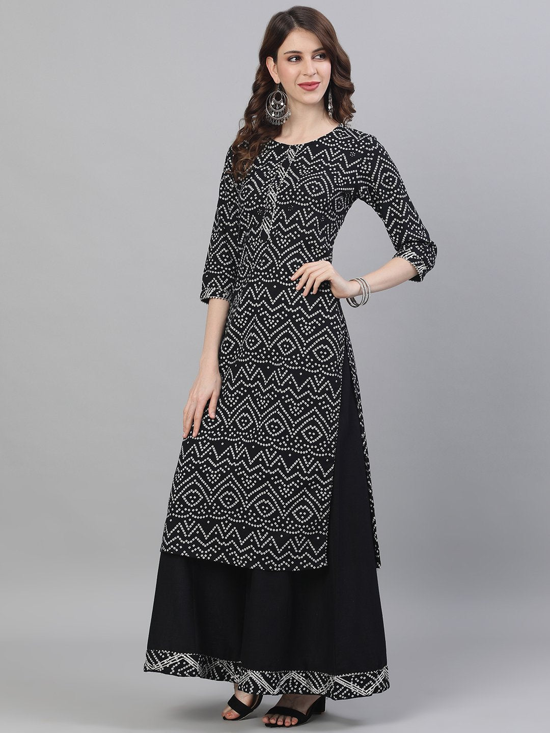 Ishin Women's Cotton Black Bandhani Embroidered A-Line Kurta Palazzo Set