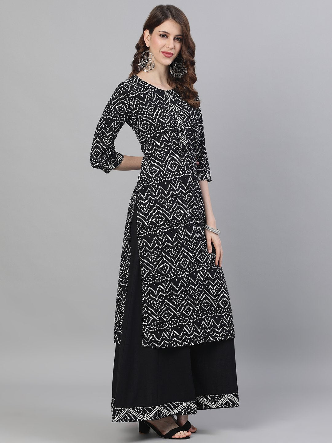 Ishin Women's Cotton Black Bandhani Embroidered A-Line Kurta Palazzo Set