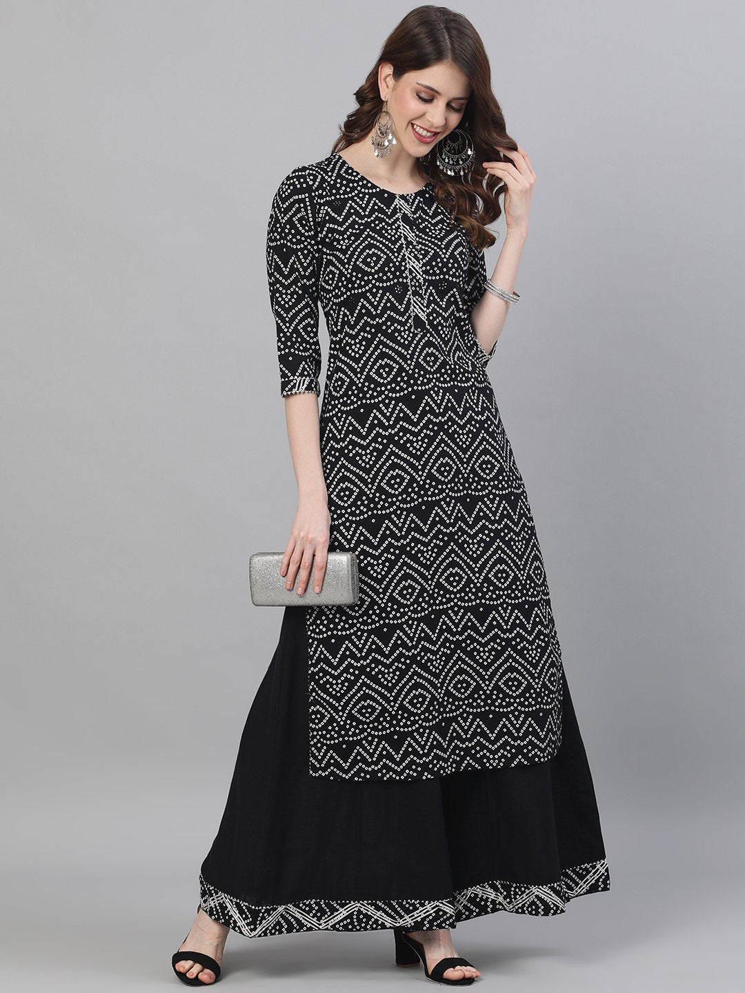 Ishin Women's Cotton Black Bandhani Embroidered A-Line Kurta Palazzo Set