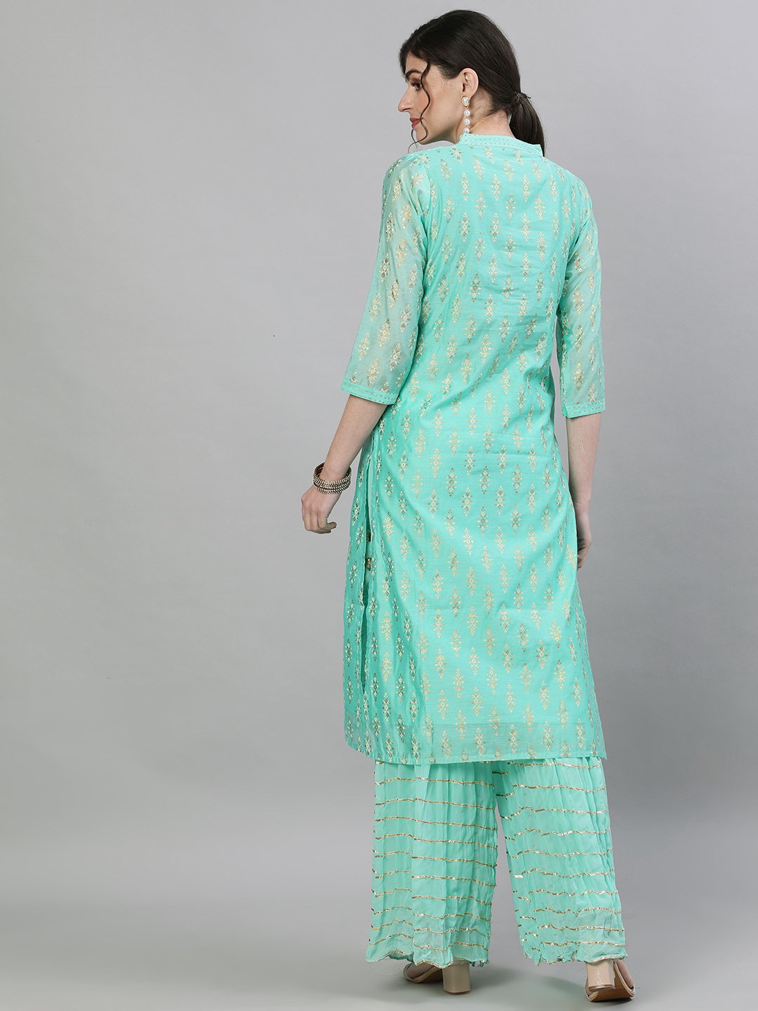 Ishin Women's Chanderi Silk Green Foil Printed Straight Kurta Sharara Set
