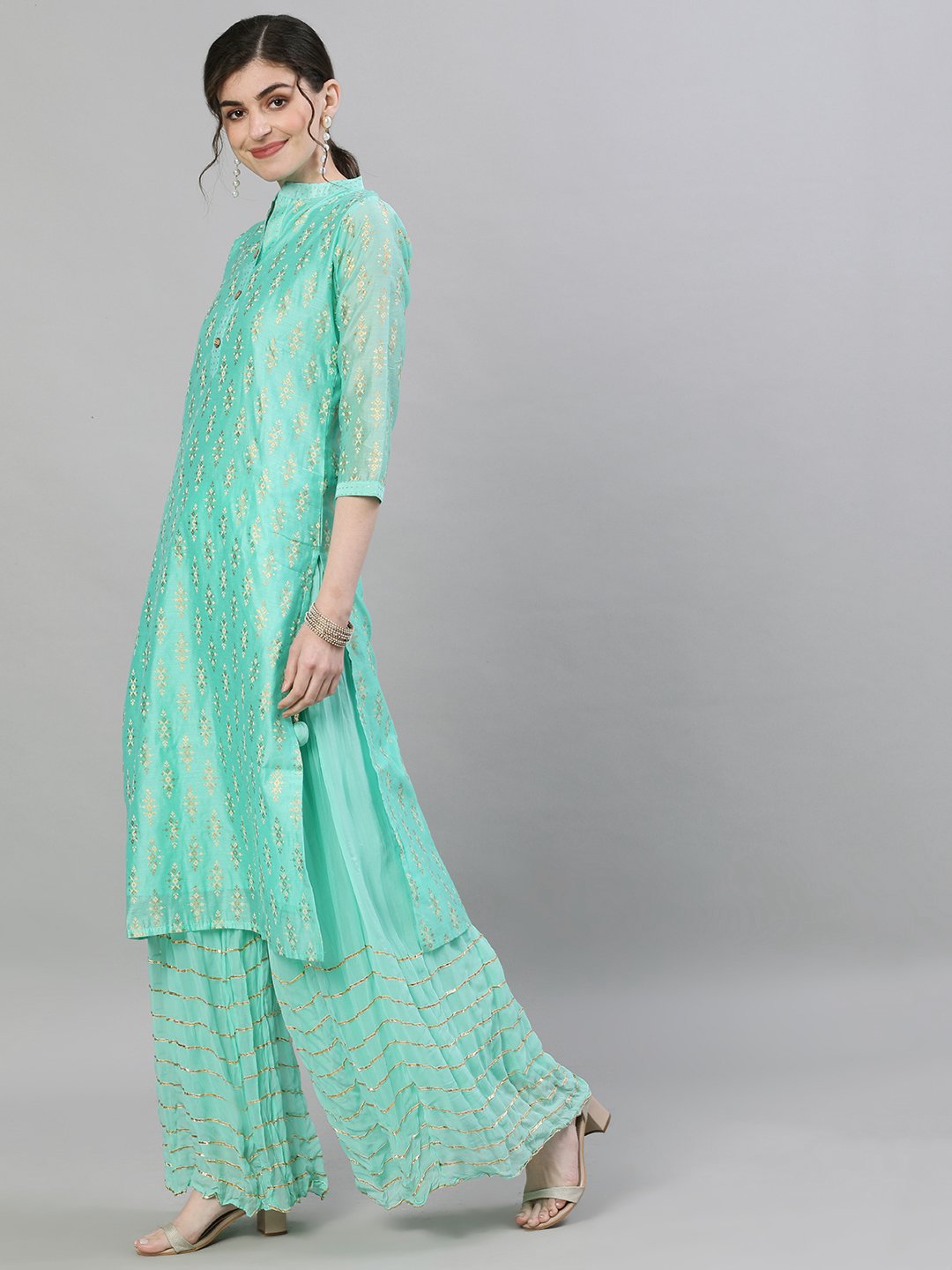 Ishin Women's Chanderi Silk Green Foil Printed Straight Kurta Sharara Set