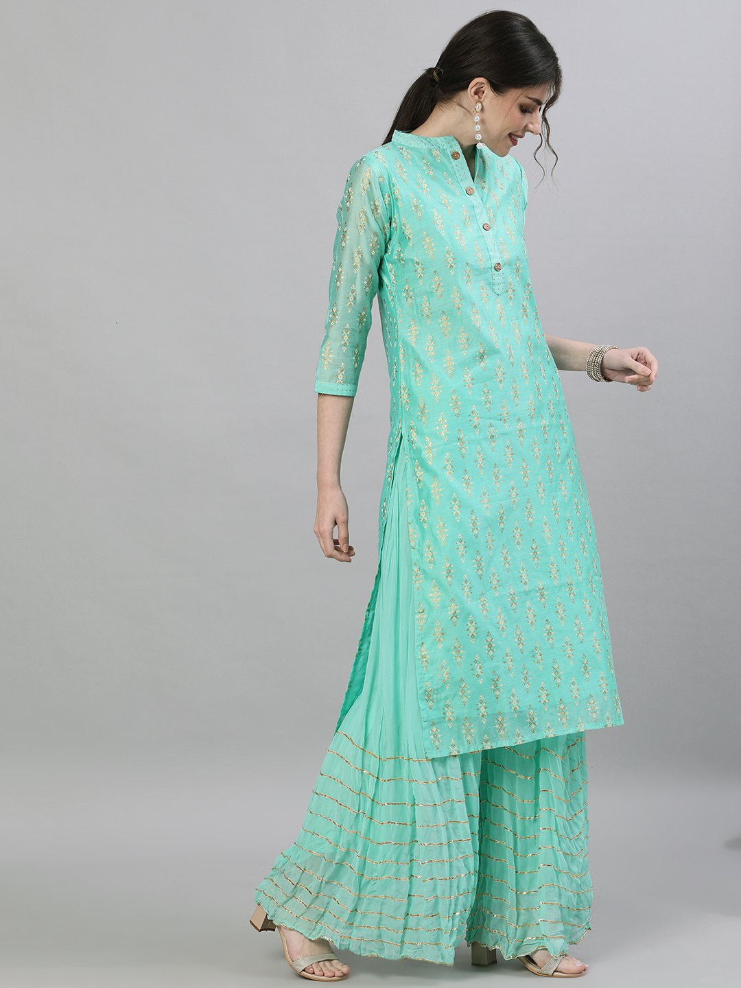 Ishin Women's Chanderi Silk Green Foil Printed Straight Kurta Sharara Set