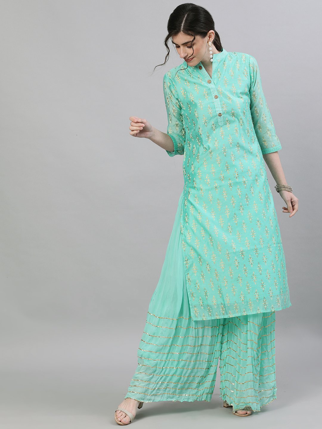 Ishin Women's Chanderi Silk Green Foil Printed Straight Kurta Sharara Set