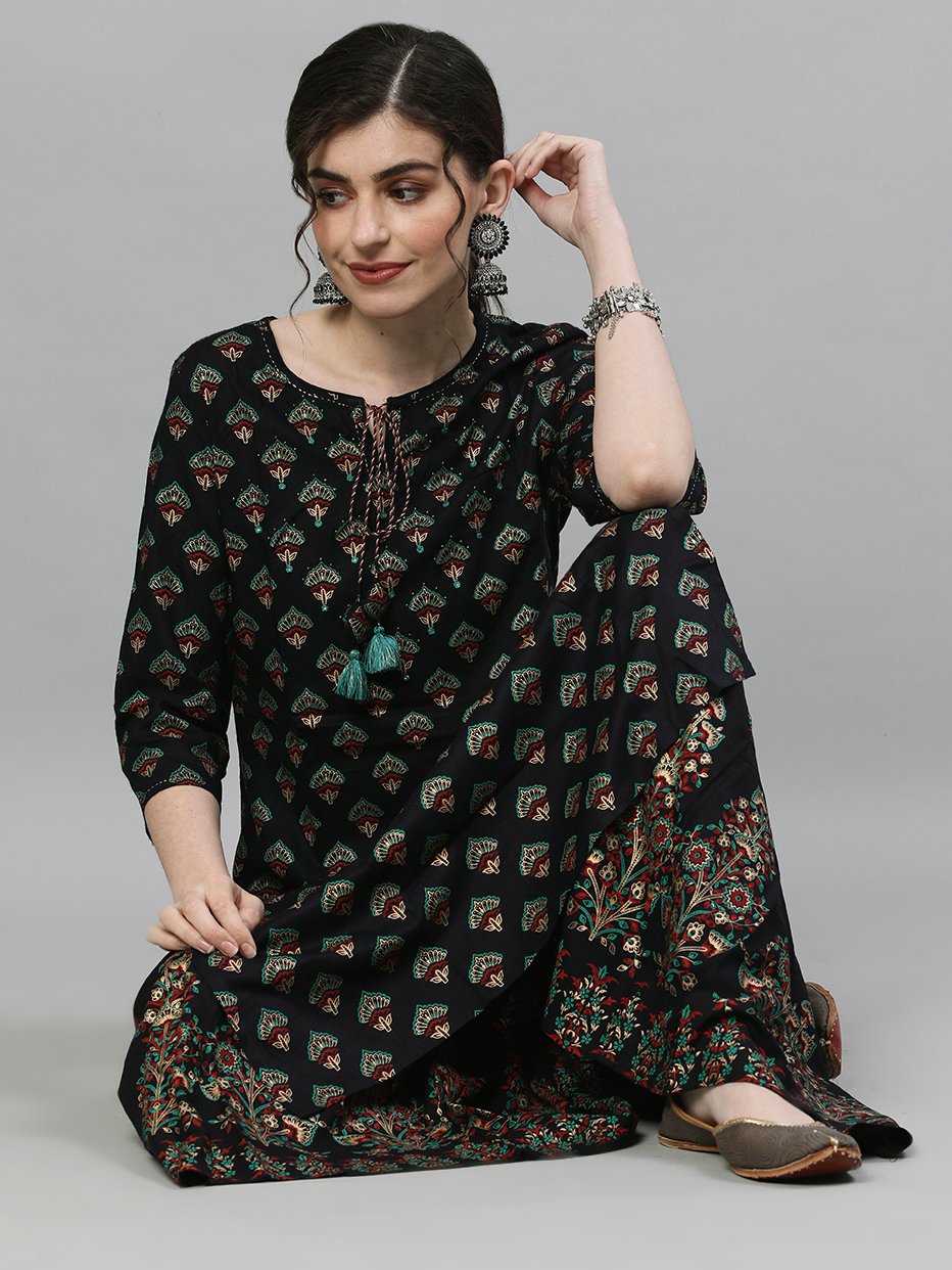 Ishin Women's Rayon Black Embellished Straight Kurta Sharara Set