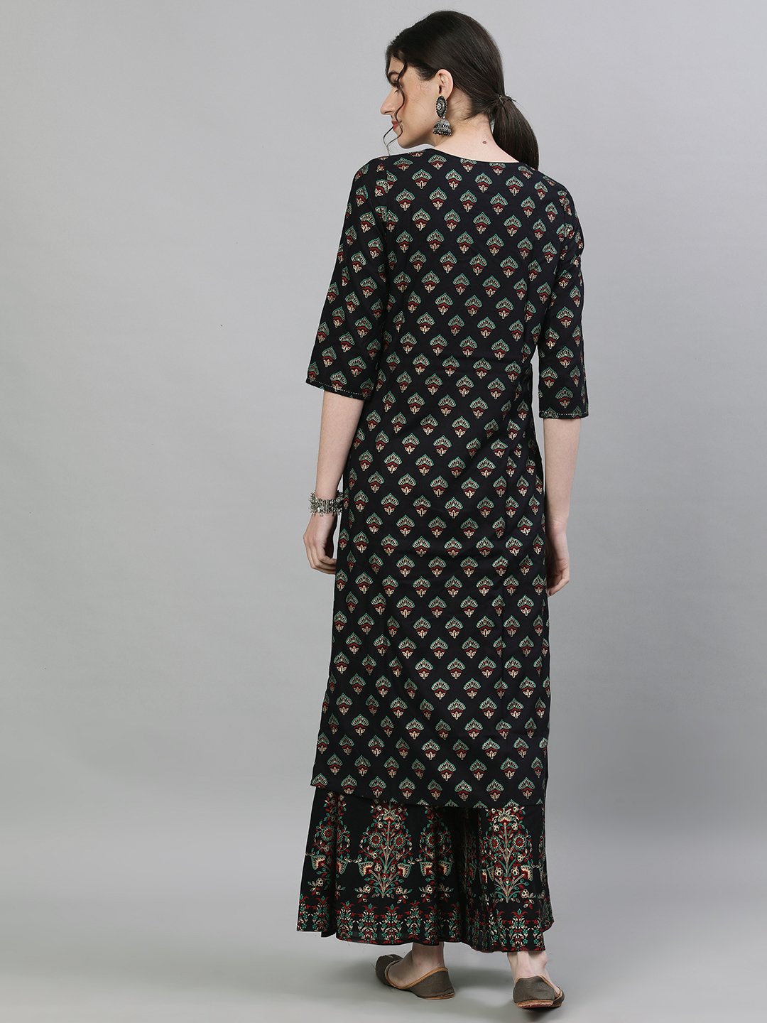Ishin Women's Rayon Black Embellished Straight Kurta Sharara Set