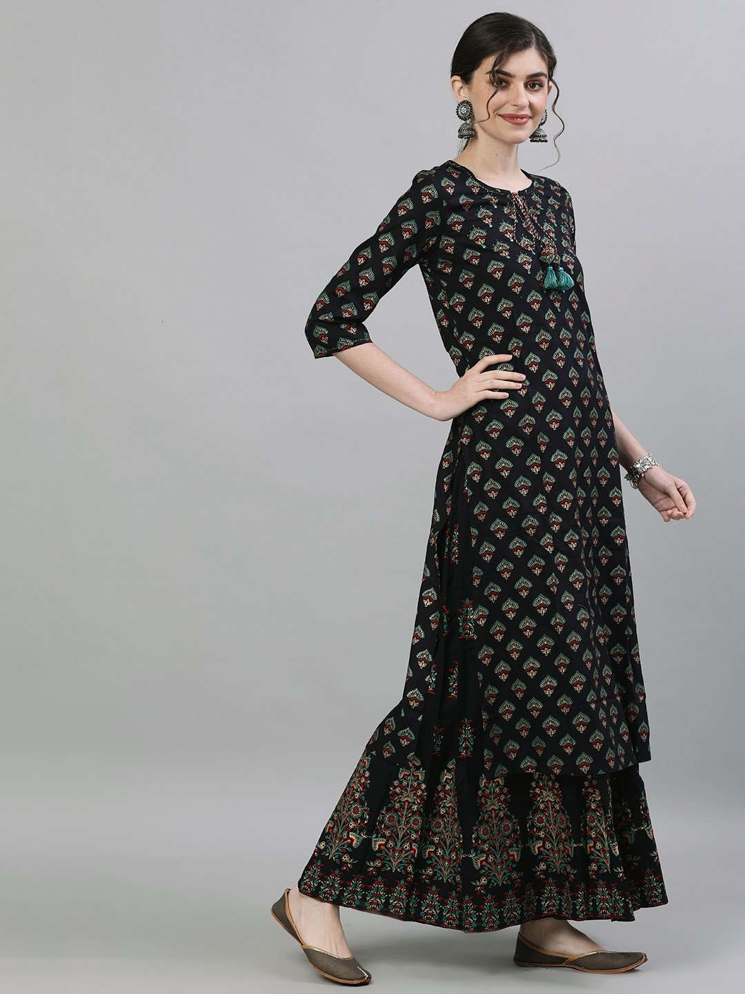 Ishin Women's Rayon Black Embellished Straight Kurta Sharara Set