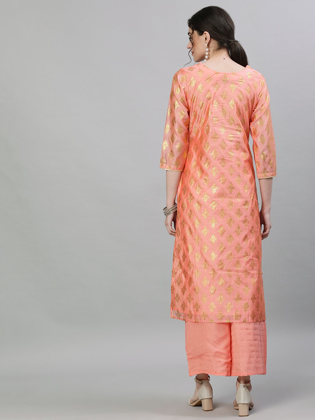Ishin Women's Chanderi Silk Peach Foil Printed Straight Kurta Palazzo Set