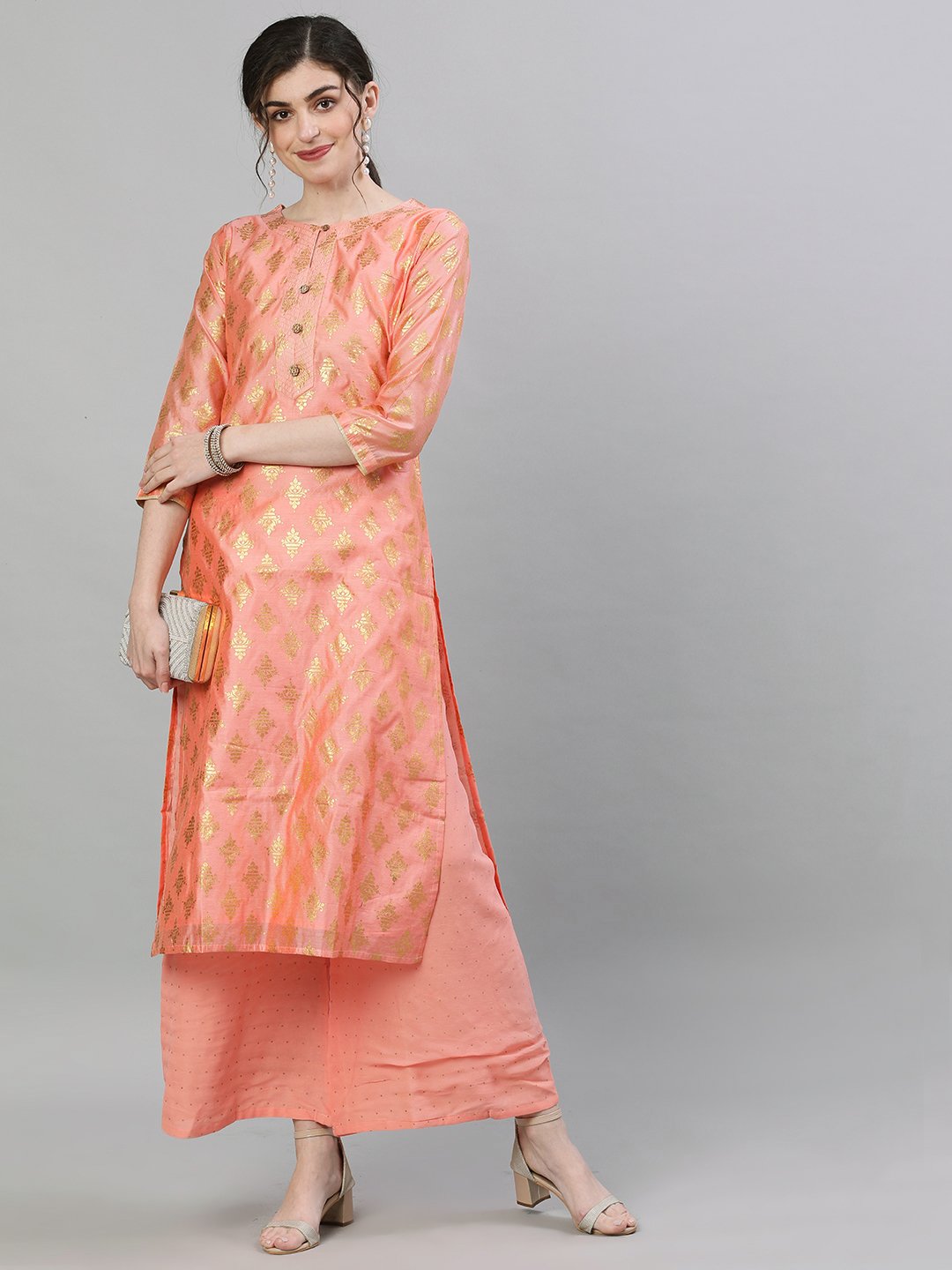 Ishin Women's Chanderi Silk Peach Foil Printed Straight Kurta Palazzo Set