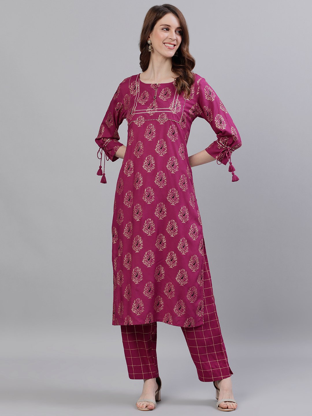 Ishin Women's Rayon Purple Printed A-Line Kurta Trouser Set