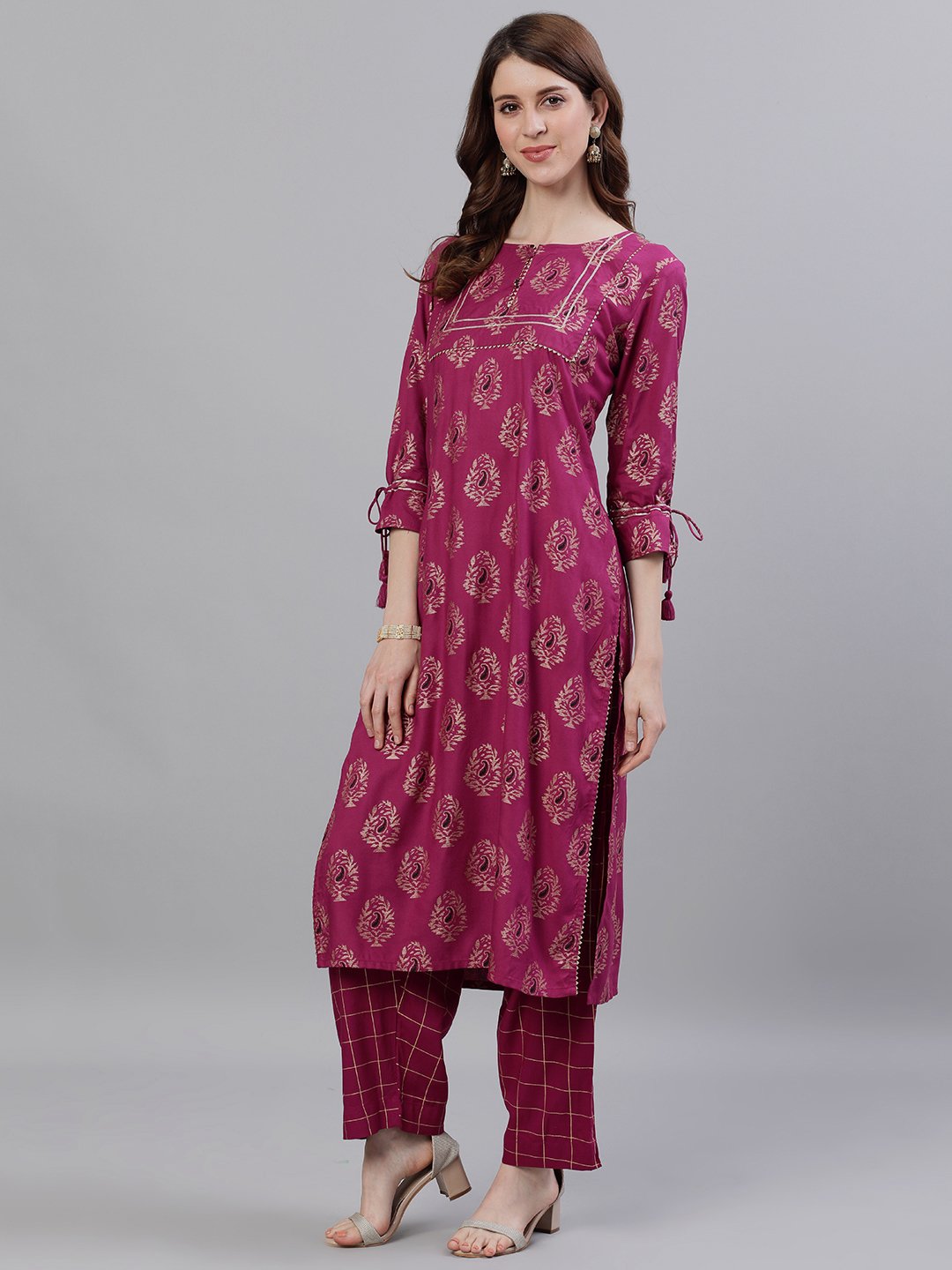 Ishin Women's Rayon Purple Printed A-Line Kurta Trouser Set