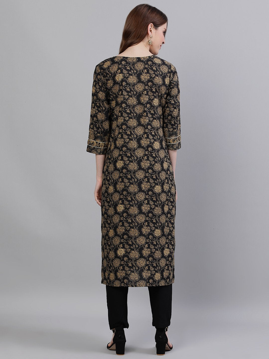 Ishin Women's Rayon Black Printed A-Line Kurta Trouser Set