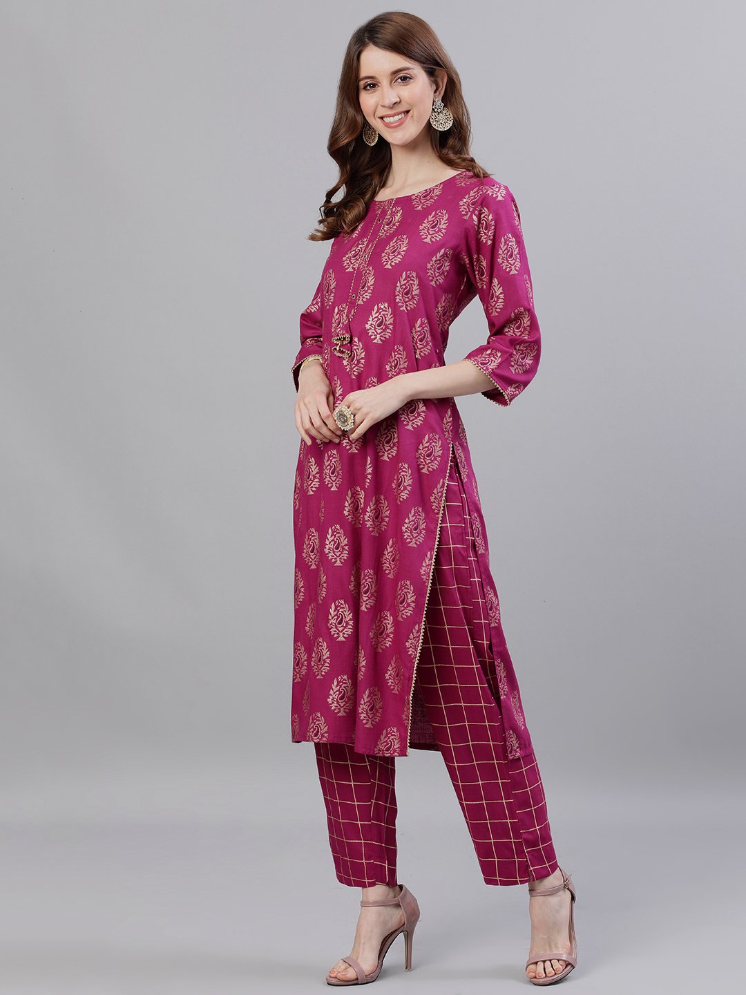 Ishin Women's Rayon Purple Printed A-Line Kurta Trouser Set