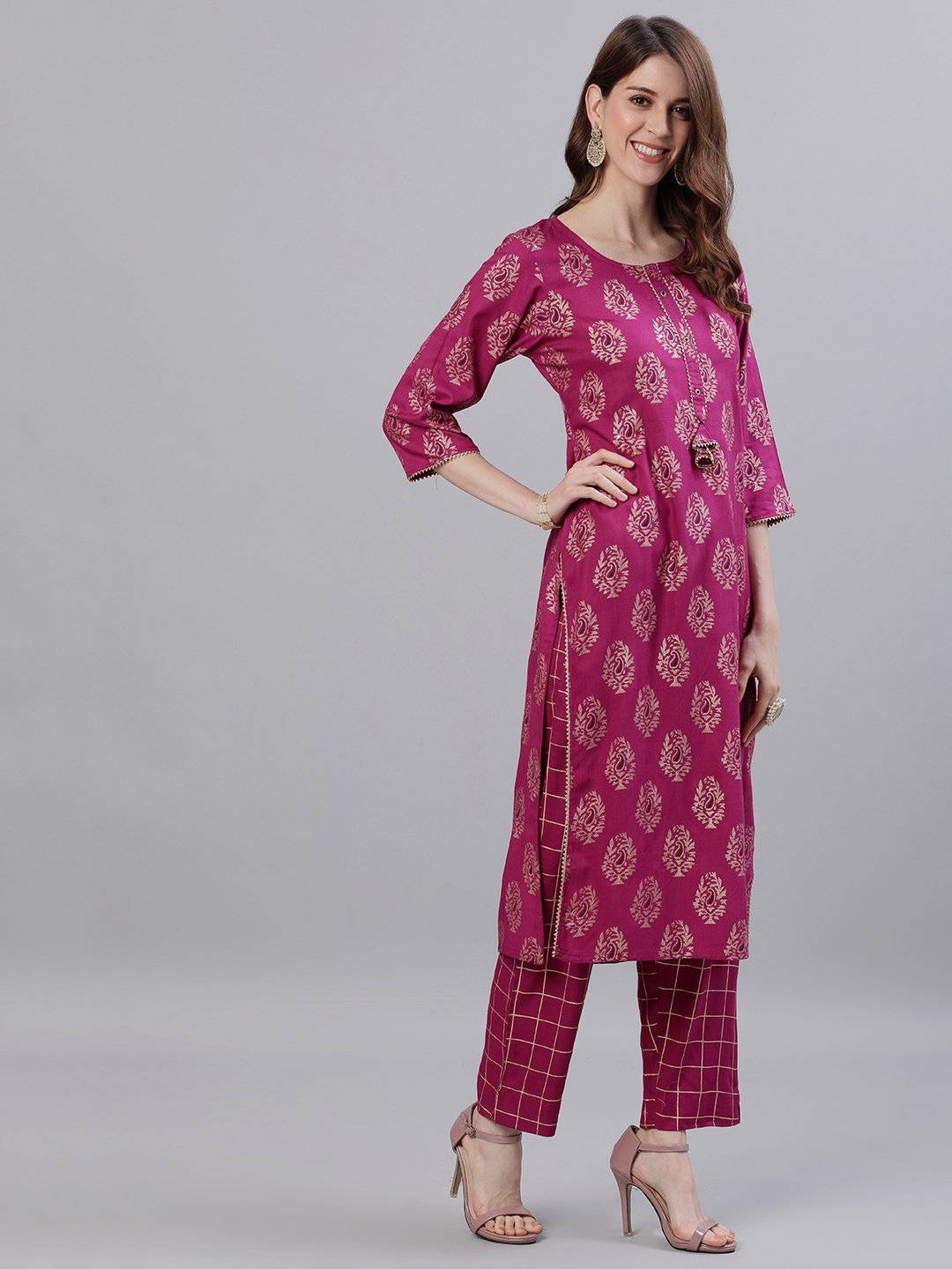 Ishin Women's Rayon Purple Printed A-Line Kurta Trouser Set