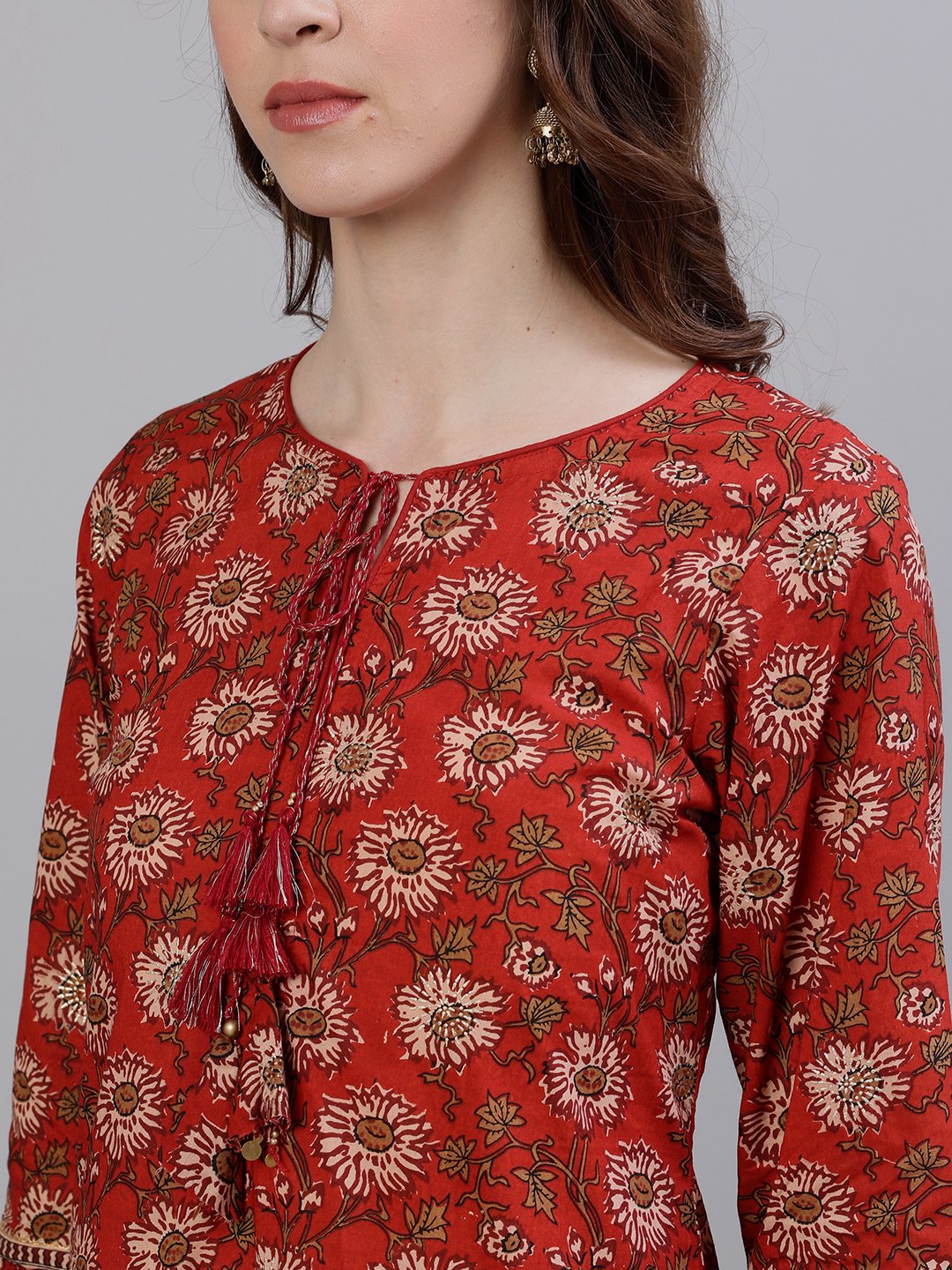 Ishin Women's Rayon Brown Printed A-Line Kurta Trouser Set