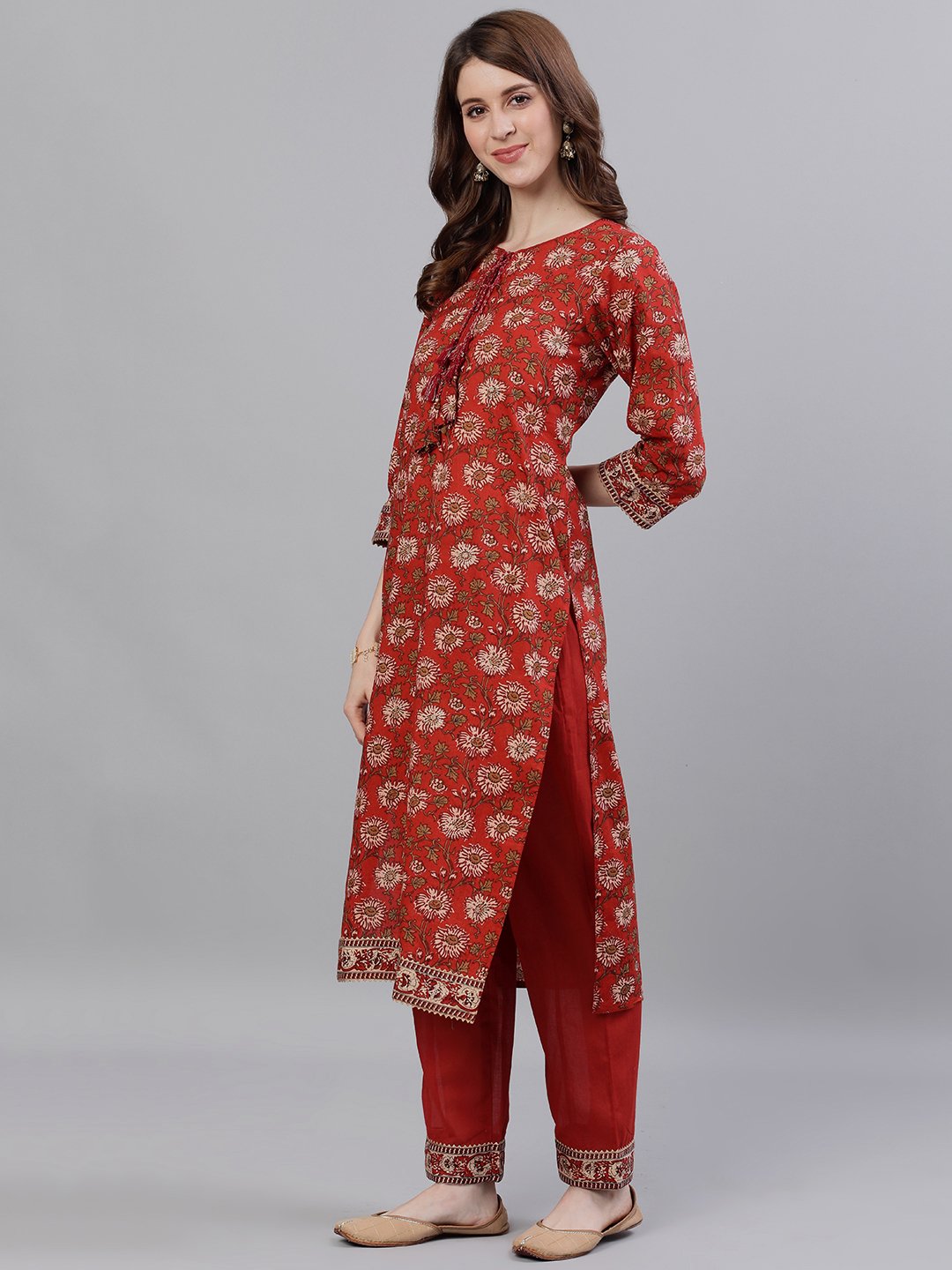 Ishin Women's Rayon Brown Printed A-Line Kurta Trouser Set