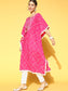 Ishin Women's Cotton Pink & White Embroidered Kaftan Kurta Trouser Set