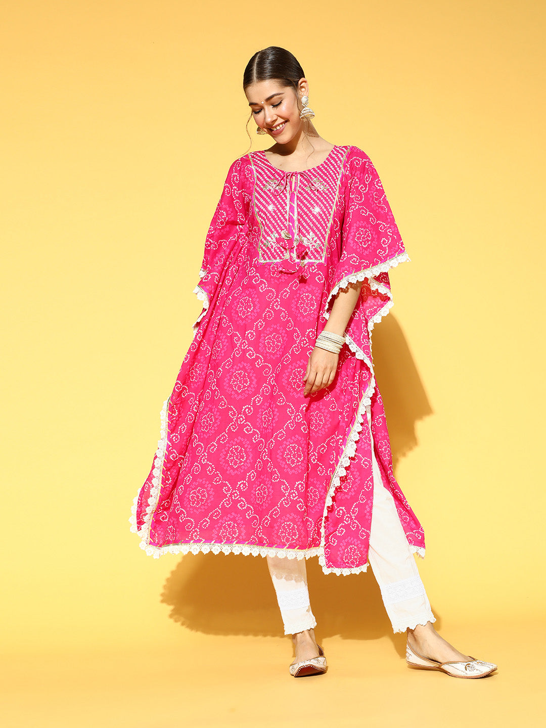 Ishin Women's Cotton Pink & White Embroidered Kaftan Kurta Trouser Set